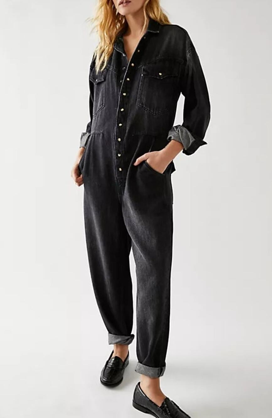 Free People Townes Straight Leg Coverall Jumpsuit Black Denim XS